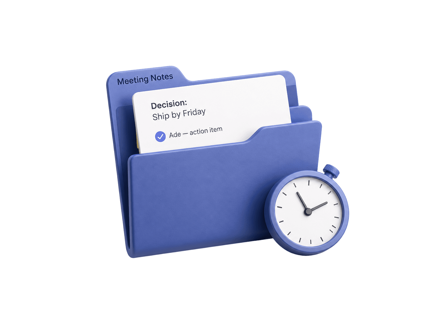 Meeting Notes folder with an auto-generated decision and action item attributed to a teammate