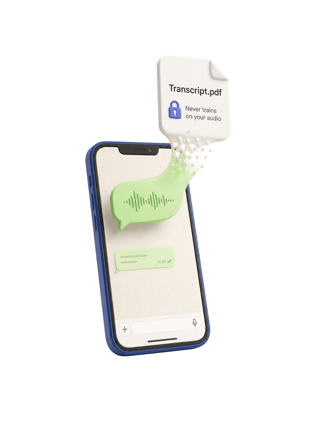 A WhatsApp voice note turning into a private Transcript.pdf that never trains on your audio